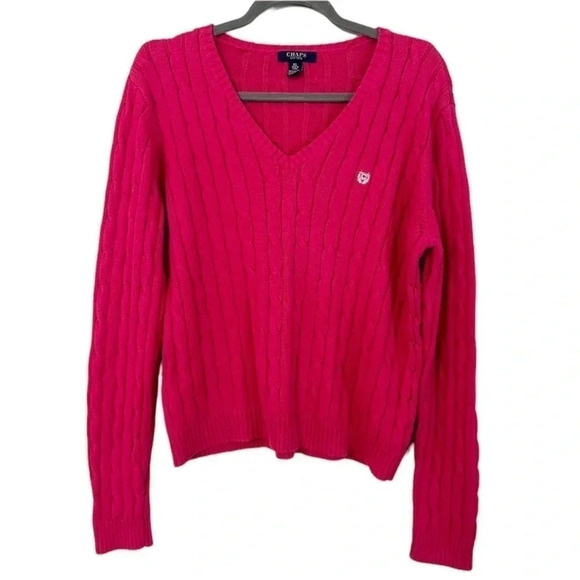 Chaps Cable Knit Hot Pink Long Sleeve V-Neck Sweater Size Large GUC - Picture 1 of 8
